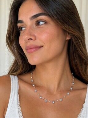 Necklace Illusion Wire Floating Station Silver Gray Faux Pearl Cocktail Jewelry